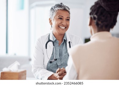 Happy, mature or doctor consulting a patient in meeting in hospital for healthcare help, feedback or support. People, medical or nurse with black woman talking or speaking of test results or advice - Powered by Shutterstock
