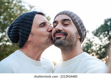 Happy Mature Gay Men Couple Having Fun Making Selfie Outdoor - Lgbtq Love Concept