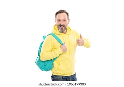 Happy Mature Man With Beard And Moustache In Hoody Carry School Bag Or Backpack Isolated On White Show Thumb Up, Back To School.