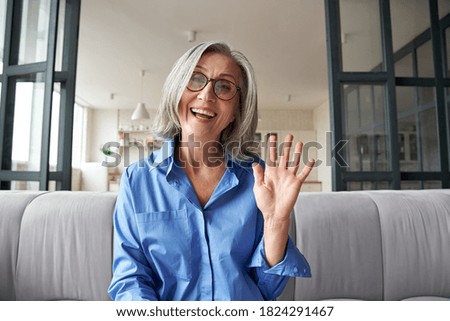 Happy mature middle aged woman online teacher waving hand talking to web cam video conference calling in virtual webcamera chat meeting by distance remote vidoecall. Headshot portrait. Webcam view.