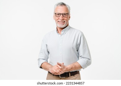 Happy mature middle-aged senior businessman teacher grandfather freelancer college professor wearing glasses isolated in white background - Powered by Shutterstock