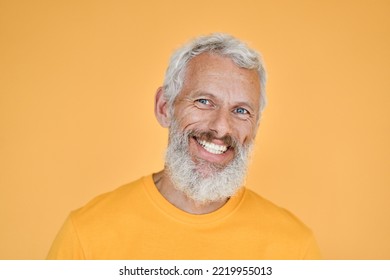 Happy Mature Old Bearded Man, Smiling Cool Mid Aged Gray Haired Older Senior Hipster Wearing Yellow T-shirt Standing Isolated On Yellow Background Looking At Camera, Closeup Headshot Portrait.