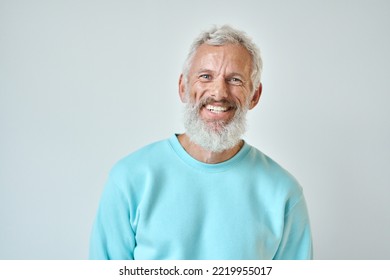 Happy mature old bearded man with dental smile, cool mid aged gray haired older senior hipster wearing blue sweatshirt standing isolated on white background looking at camera, headshot portrait. - Powered by Shutterstock
