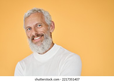 Happy Mature Older Bearded Business Man Leader, Smiling Cool Middle Aged Old Senior Confident Professional Businessman Standing Isolated On Yellow Background, Headshot Portrait.