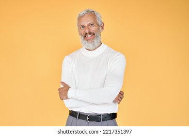 Happy Mature Older Gray-haired Business Man, Smiling Stylish Cool Middle Aged Old Senior Bearded Professional Businessman Standing With Arms Crossed Isolated On Yellow Background.