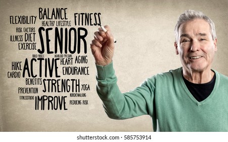 Happy Mature Senior Man, Happy Senior Man, Writing with a Felt Marker -  Fitness Word Cloud. with grunge texture and vignetting added