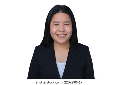 Happy Mature Smiling Businesswoman Portrait With Black Suit Look At Camera Isolated On White Background. Pretty Older Executive Professional Business Woman Successful With Confidence Posing In Studio