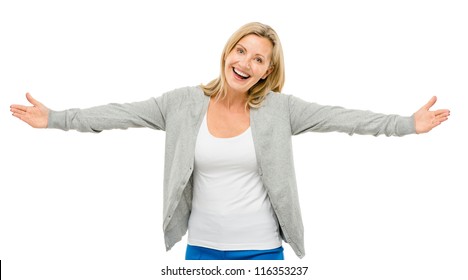 Happy mature woman welcoming isolated on white background