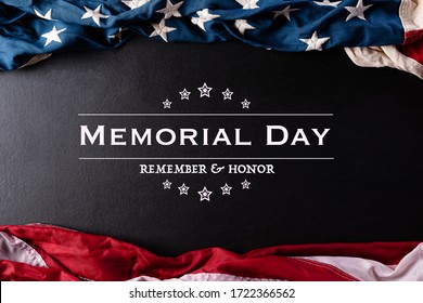 Happy Memorial Day. American flags with the text REMEMBER & HONOR against a black  background. May 25. - Powered by Shutterstock