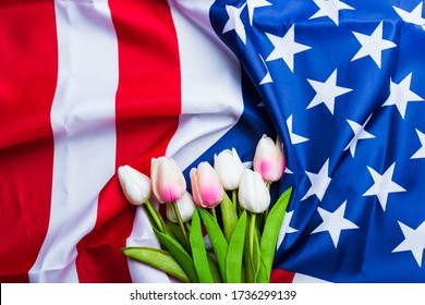 Happy Memorial Day Remember Previously But Now Seldom Called Decoration Day, American Flag And A Tulip Flower On A Black Background And Copy Space, A Federal Holiday In The United States