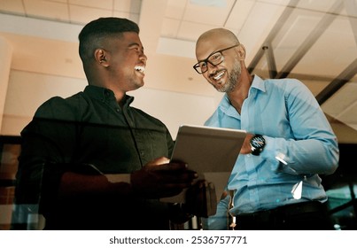 Happy men, laughing or business with tablet at night for fun teamwork, project or deadline at office. Male people, designers or colleagues working late with smile on technology for online development - Powered by Shutterstock