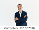 Happy middle aged business man company owner entrepreneur, smiling mature professional executive manager, confident businessman leader looking at camera standing arms crossed isolated white, portrait.