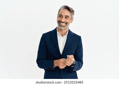 Happy middle aged business man leader, smiling stylish mature professional executive, confident businessman or fashion model wearing suit looking away standing isolated white background, portrait. - Powered by Shutterstock