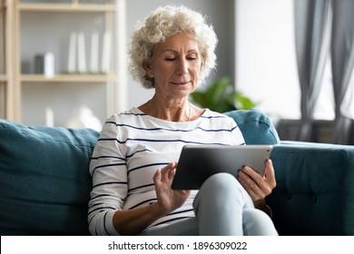 Happy middle aged elderly retired woman using digital computer tablet applications, communicating distantly in social network, shopping online or web surfing relaxing on comfortable sofa at home. - Powered by Shutterstock