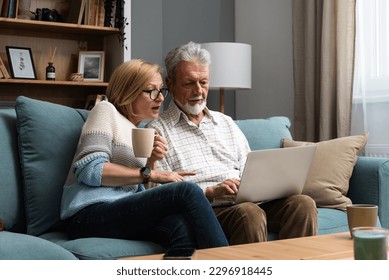 Happy middle aged family couple relaxing on sofa, using computer web surfing information shopping together at home. Elderly man showing laptop apps to retired wife, older generation with tech concept. - Powered by Shutterstock