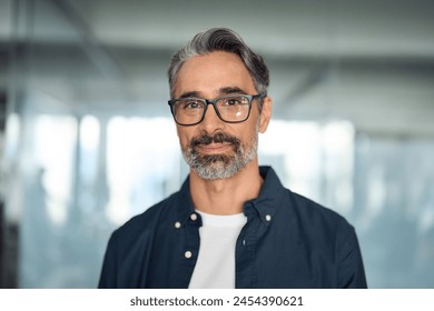 Happy middle aged professional business man, smiling mature executive ceo manager, 45 years old male entrepreneur, confident business owner wearing glasses in office. Headshot portrait.