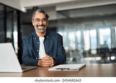 Happy middle aged professional business man, older executive ceo manager, smiling mature entrepreneur wearing glasses and shirt sitting at office desk working on laptop computer. Copy space. Portrait.