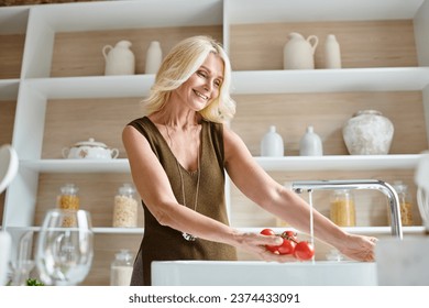 happy middle aged woman washing fresh and ripe cherry tomatoes and smiling in modern kitchen - Powered by Shutterstock