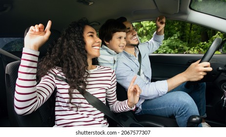 Happy Middle Eastern Family Mother Father And Little Son Travel By Car Together, Cheerful Arab Parents And Their Child Having Fun While Sitting Inside Of Auto, Enjoying Automobile Journey, Closeup