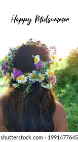 Happy Midsummer. Girl In Flower Wreath, Rear View. Floral Crown, Symbol Of Summer Solstice. Traditional Slavic Ceremony On Midsummer, Wiccan Litha Sabbath. Pagan Holiday Ivan Kupala