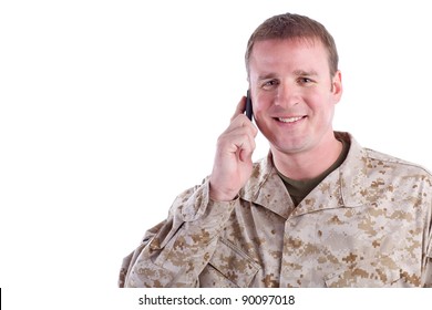 Happy Military Man On Cell Phone