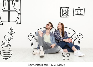 Happy millennial couple imagining interior of their new home, collage with sketch drawings on white wall