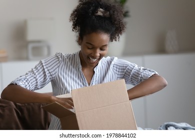 Happy Millennial Generation African American Biracial Woman Unpacking Cardboard Box, Excited Of Getting Order From Internet Store, Satisfied With Wished Item, Positive Online Shopping Experience.