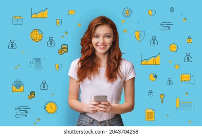 Happy Millennial Red Haired Woman Using Mobile Banking Application On Blue Studio Background With Money Related Icons. Collage. Financial Literacy, Economy, Investments Concept