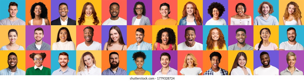 Happy Millennials Collage. Set Of Positive Faces And Portraits, Diverse Young People Smiling Posing Over Bright Colorful Backgrounds. Panorama - Shutterstock ID 1779328724