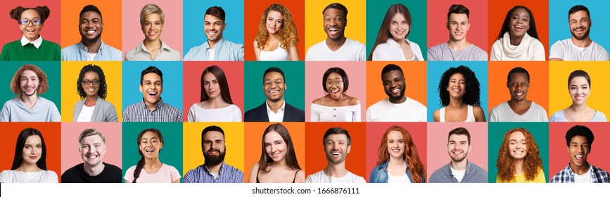 Happy Millennials Portrait Collage. Mosaic Of Smiling Faces Of Different Multiethnic People Posing On Bright Colorful Backgrounds. Panorama - Shutterstock ID 1666876111