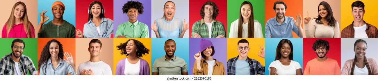 Happy Millennials. Portraits Of Cheerful Young Multiethnic People Posing Over Bright Backgrounds, Creative Collage With Joyful Positive Men And Women Isolated Over Colorful Backdrops, Panorama