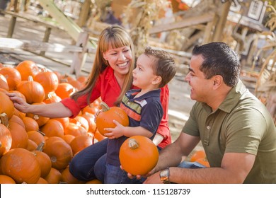 Happy Mixed Race Family Picking Pumpkins At The Pumpkin Patch.