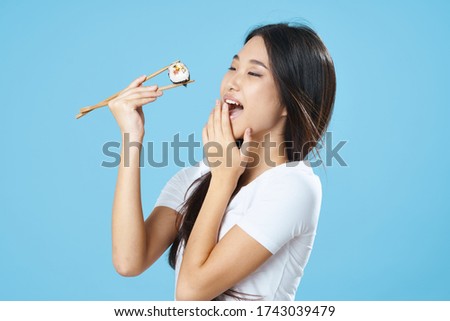 Happy Model Woman Wooden Sticks Sushi Rolls Japan