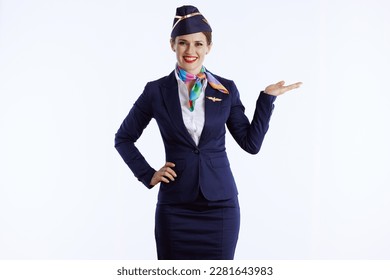 happy modern female air hostess isolated on white background in uniform presenting something on empty palm. - Shutterstock ID 2281643983