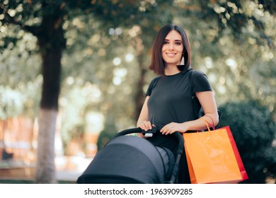 Happy Mom With Baby Stroller And Shopping Bags. Cheerful Trendy Cool Mom Going On A Shopping Spree In Sale Season 
