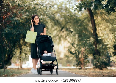 Happy Mom With Baby Stroller And Shopping Bags. Cheerful Trendy Cool Mom Going On A Shopping Spree In Sale Season 
