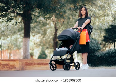 Happy Mom With Baby Stroller And Shopping Bags. Cheerful Trendy Cool Mom Going On A Shopping Spree In Sale Season 
