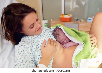 Happy Mom, Having Her Baby Skin To Skin First Seconds After Birth, Happiness Family Concept