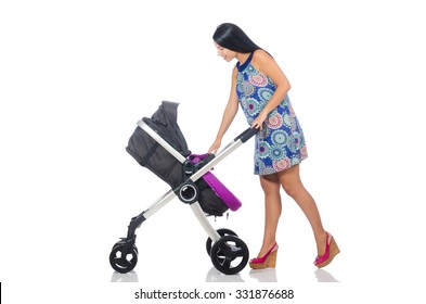 Happy Mom With Her Baby In Pram 