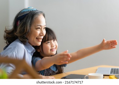 Happy Moments Of Granddaughter Smile While Father Back From Work Family Concept.