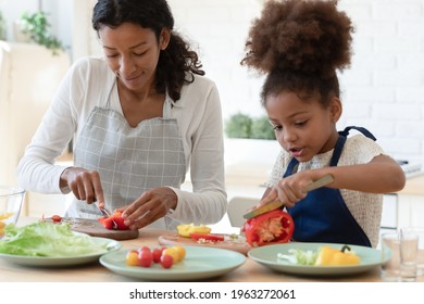 Happy mommy and cute daughter girl in aprons cooking together in kitchen. Mom and kid slicing fresh vegetables for salad, preparing healthy organic meal and talking. Family eating at home concept - Shutterstock ID 1963272061