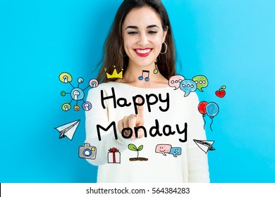 Happy Monday Text With Young Woman On A Blue Background