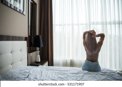 Happy Morning Of Beauty Girl Streching In Bed At Home