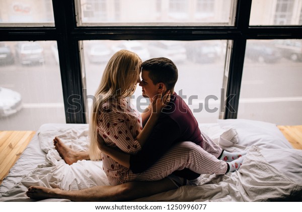 Happy Morning Young Romantic Couple Love People Interiors Stock