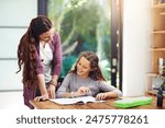 Happy mother, child and help with homework for education, studying and knowledge in home school. Girl, mom and teaching kid reading book for learning, development and support for project in lesson