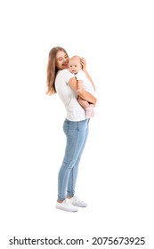 Happy Mother With Cute Little Baby On White Background