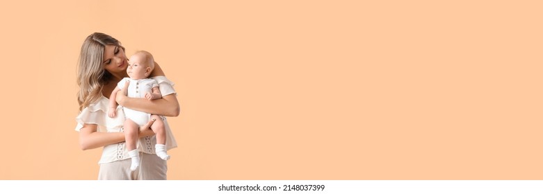 Happy Mother With Cute Little Baby On Color Background With Space For Text