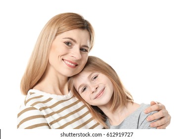 Happy Mother And Daughter On White Background