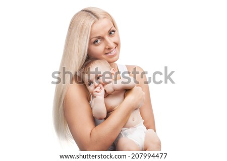 happy mother holding cute infant. blond mom and baby on white background