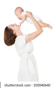 Happy Mother Holding Her Baby. Isolated On White Background